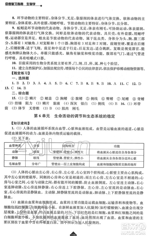 江苏人民出版社2022中考复习指南九年级生物通用版答案