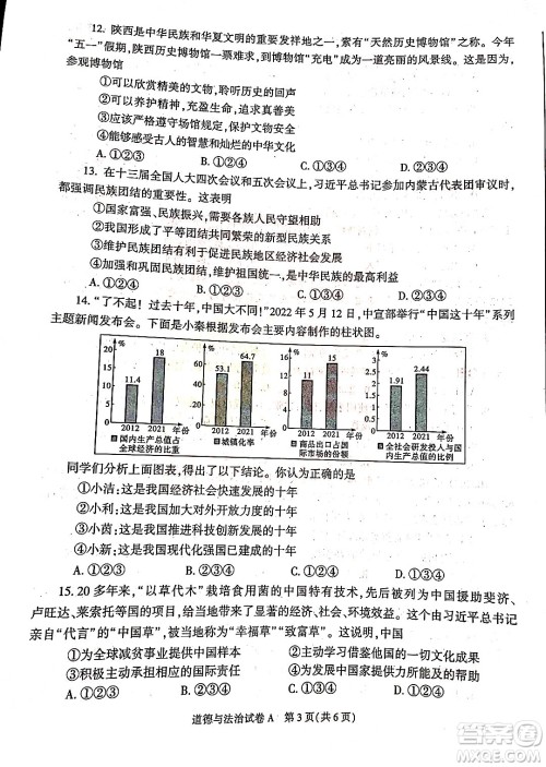 2022年陕西省初中学业水平考试道德与法治试题及答案