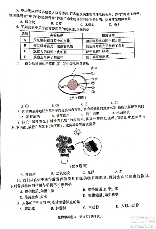 2022年陕西省初中学业水平考试生物学试题及答案