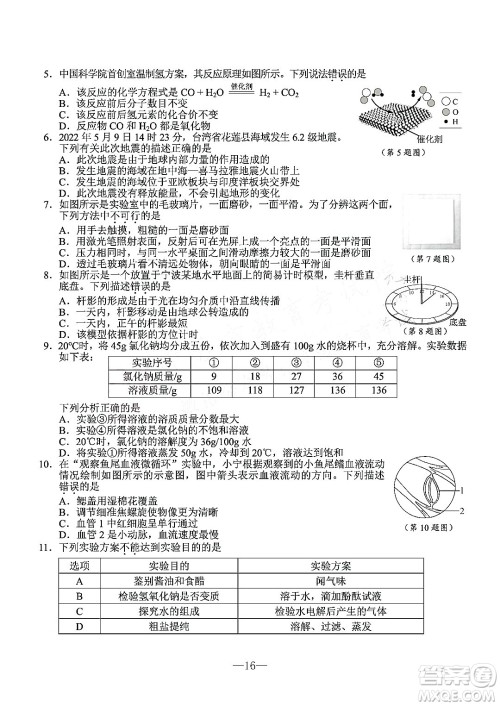 宁波市2022年初中学业水平考试科学试题及答案 宁波市2022年初中学业水平考试科学试题及答案