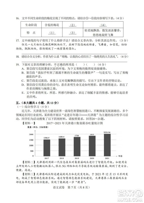 2022年天津市初中学业水平考试语文试题及答案 2022年天津市初中学业水平考试语文试题及答案