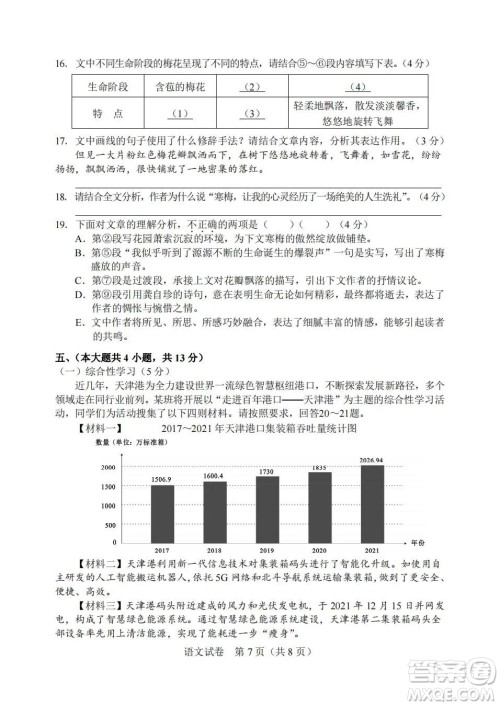 2022年天津市初中学业水平考试语文试题及答案