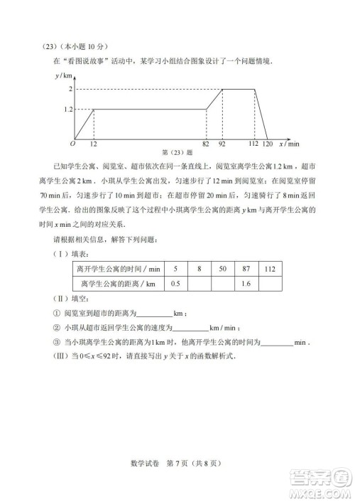 2022年天津市初中学业水平考试数学试题及答案