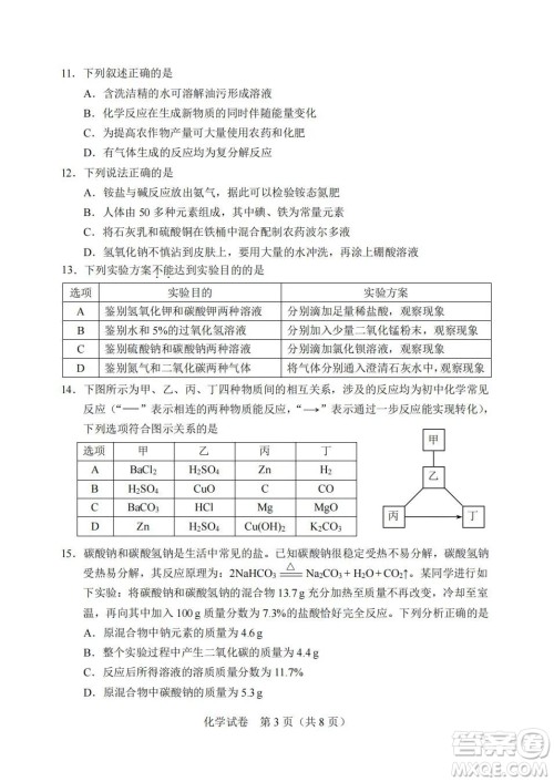 2022年天津市初中学业水平考试化学试题及答案