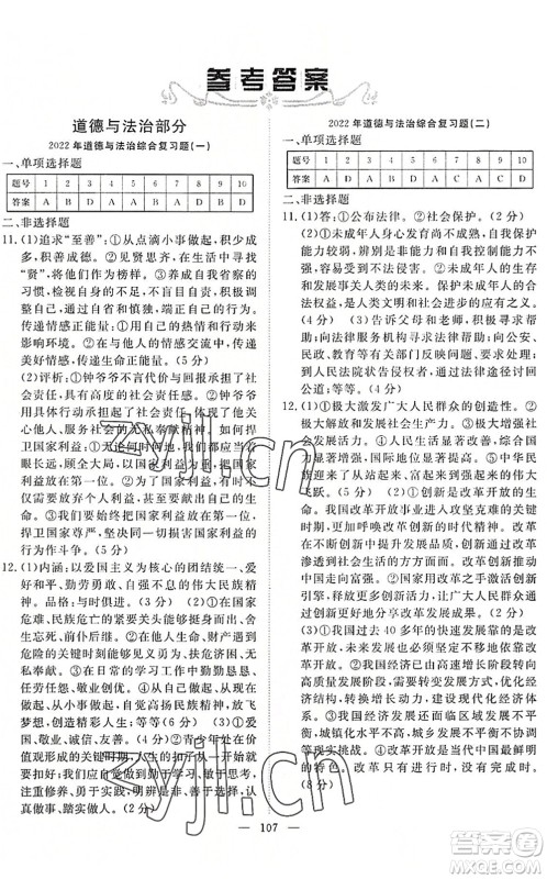 长江少年儿童出版社2022中考复习指南九年级道德与法治历史通用版咸宁专版答案