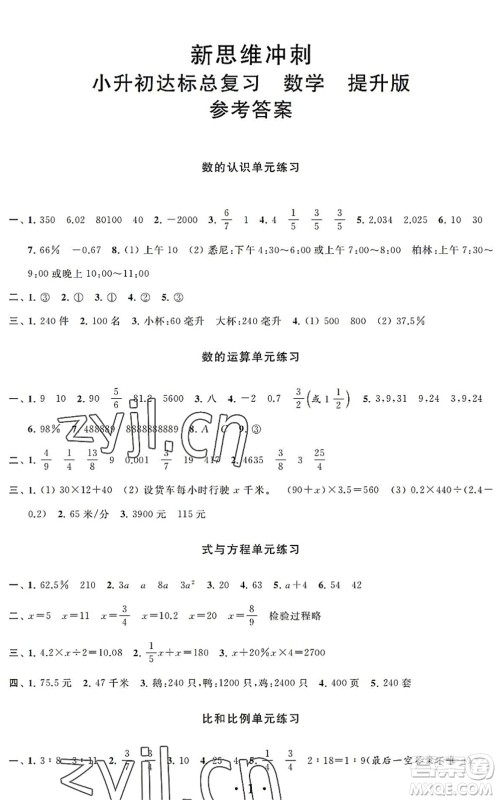 江苏凤凰科学技术出版社2022新思维冲刺小升初达标总复习六年级数学提升版答案