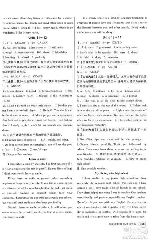 新疆青少年出版社2022升学锦囊九年级英语青岛专版答案