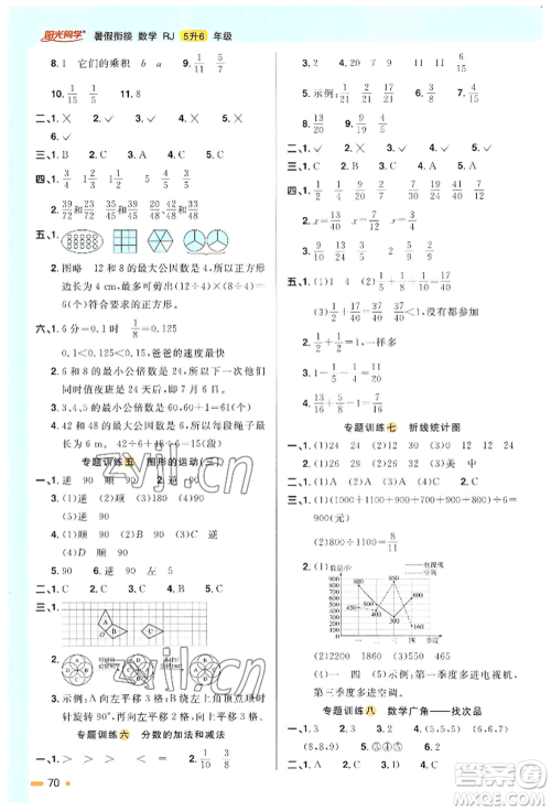 江西教育出版社2022阳光同学暑假衔接五升六年级数学人教版参考答案