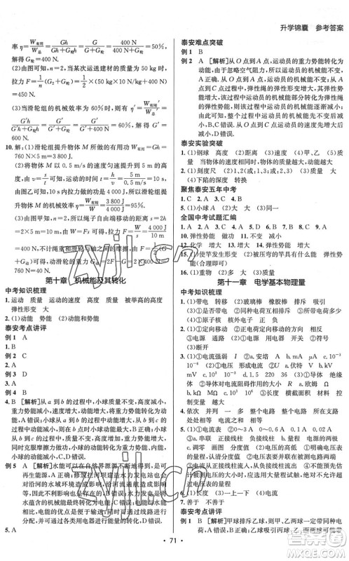 新疆青少年出版社2022升学锦囊九年级物理泰安专版答案