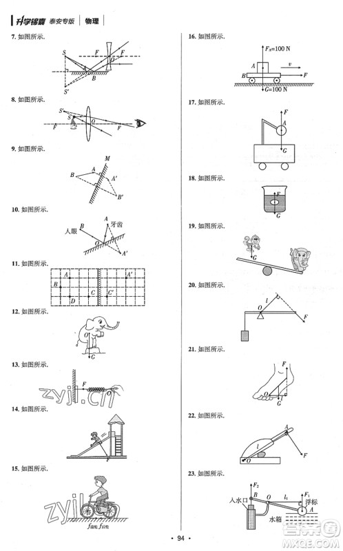 新疆青少年出版社2022升学锦囊九年级物理泰安专版答案