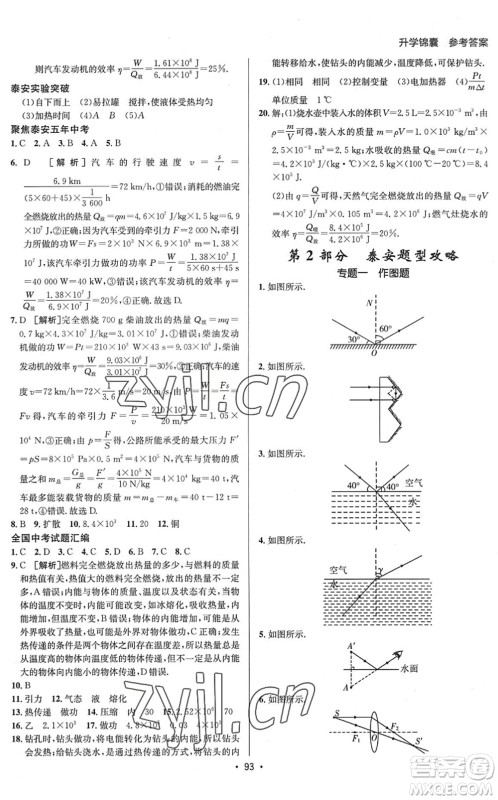 新疆青少年出版社2022升学锦囊九年级物理泰安专版答案