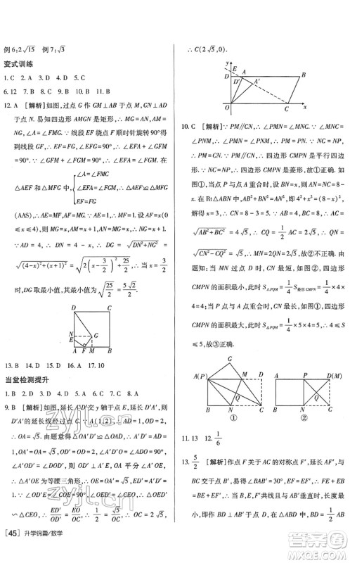 新疆青少年出版社2022升学锦囊九年级数学青岛专版答案