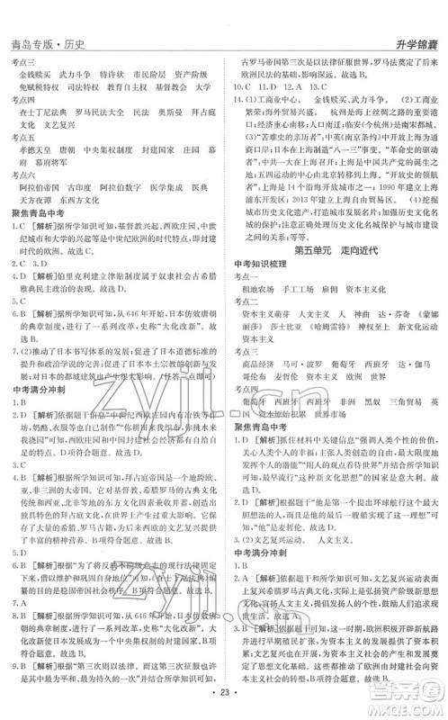 新疆青少年出版社2022升学锦囊九年级历史青岛专版答案