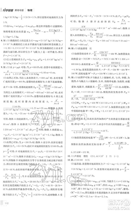 新疆青少年出版社2022升学锦囊九年级物理青岛专版答案