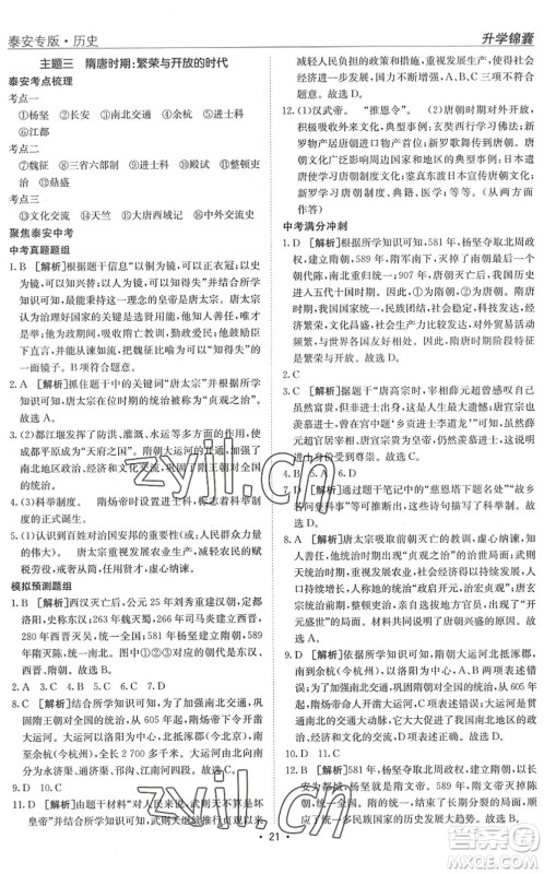 新疆青少年出版社2022升学锦囊九年级历史泰安专版答案