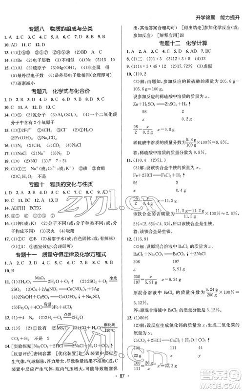 新疆青少年出版社2022升学锦囊九年级化学青岛专版答案