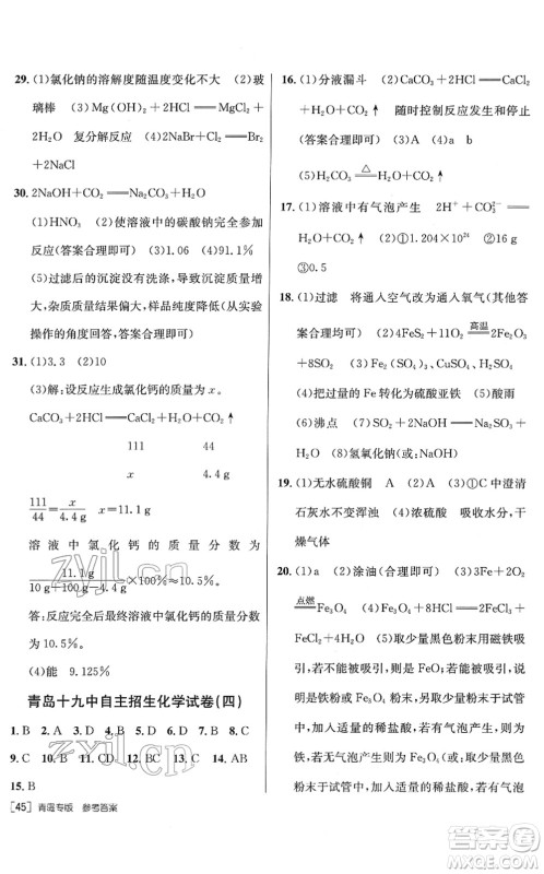 新疆青少年出版社2022升学锦囊九年级化学青岛专版答案