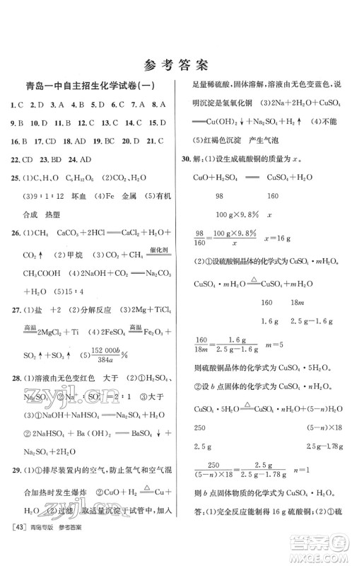 新疆青少年出版社2022升学锦囊九年级化学青岛专版答案