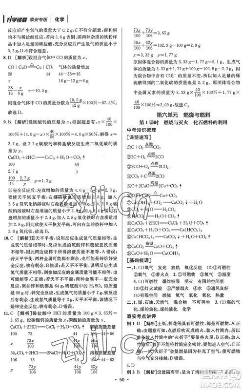 新疆青少年出版社2022升学锦囊九年级化学泰安专版答案