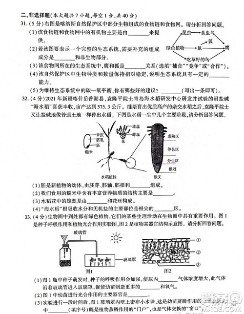 新疆维吾尔自治区新疆生产建设兵团2022年初中学业水平考试生物试题卷及答案 新疆维吾尔自治区新疆生产建设兵团2022年初中学业水平考试生物试题卷及答案