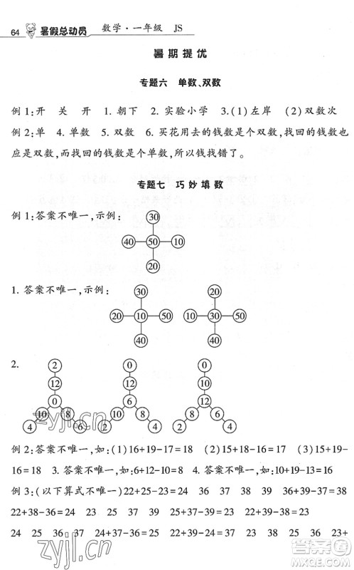 宁夏人民教育出版社2022经纶学典暑假总动员一年级数学江苏国标版答案