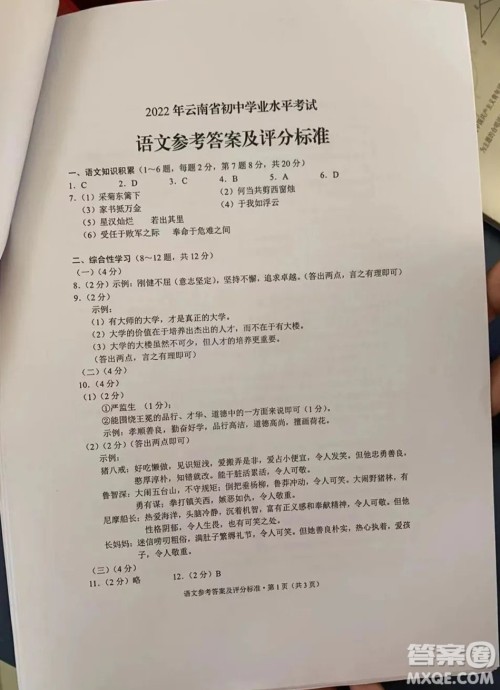 2022年云南省初中学业水平考试语文试题卷及答案