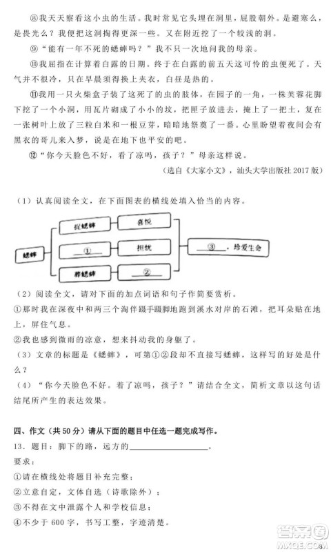 2022年云南省初中学业水平考试语文试题卷及答案