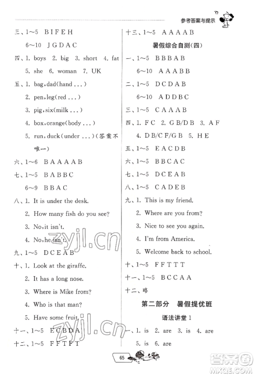 江苏人民出版社2022实验班提优训练暑假衔接三升四英语人教版参考答案 江苏人民出版社2022实验班提优训练暑假衔接三升四英语人教版参考答案