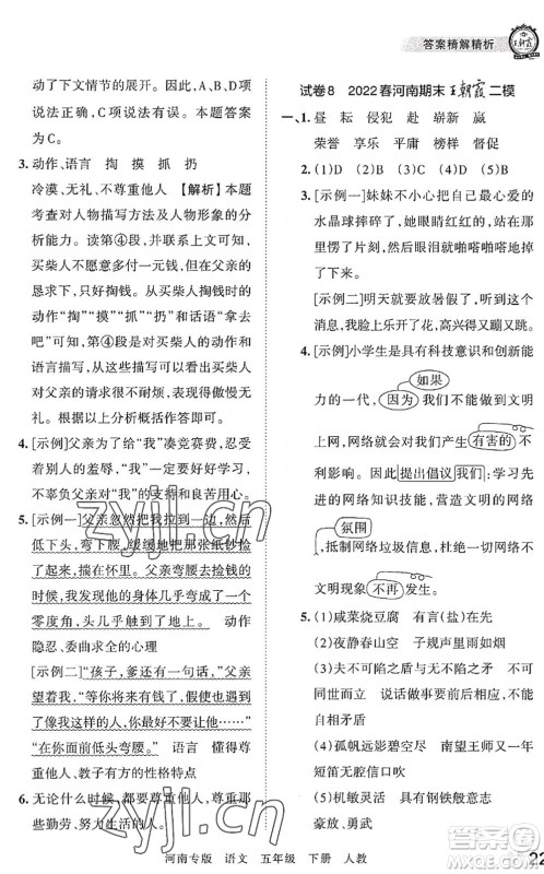 江西人民出版社2022王朝霞各地期末试卷精选五年级语文下册人教版河南专版答案