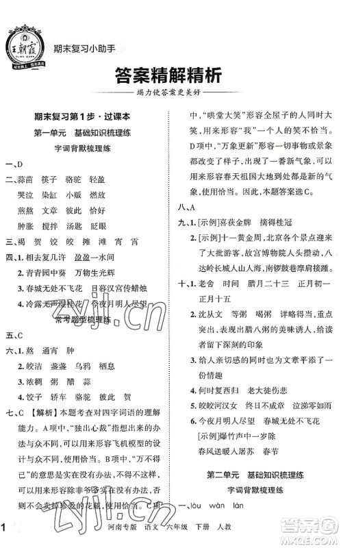 江西人民出版社2022王朝霞各地期末试卷精选六年级语文下册人教版河南专版答案 江西人民出版社2022王朝霞各地期末试卷精选六年级语文下册人教版河南专版答案