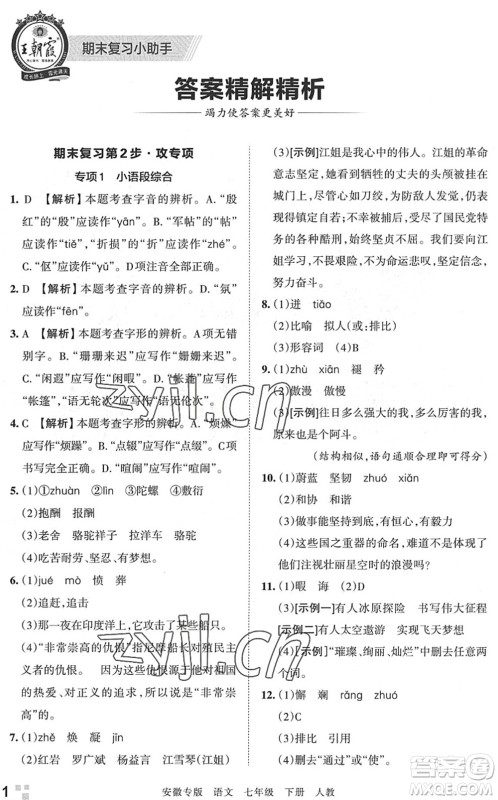 江西人民出版社2022王朝霞各地期末试卷精选七年级语文下册人教版安徽专版答案 江西人民出版社2022王朝霞各地期末试卷精选七年级语文下册人教版安徽专版答案