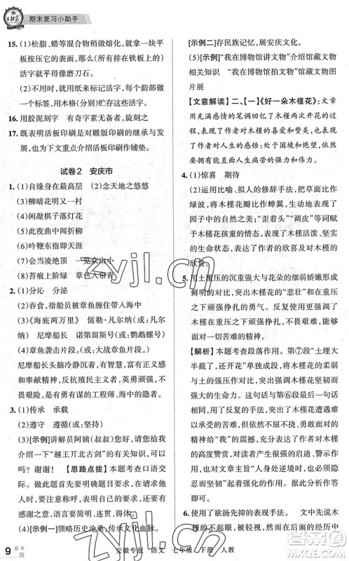 江西人民出版社2022王朝霞各地期末试卷精选七年级语文下册人教版安徽专版答案 江西人民出版社2022王朝霞各地期末试卷精选七年级语文下册人教版安徽专版答案