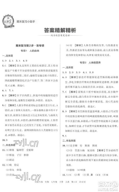 江西人民出版社2022王朝霞各地期末试卷精选七年级生物下册人教版河南专版答案 江西人民出版社2022王朝霞各地期末试卷精选七年级生物下册人教版河南专版答案