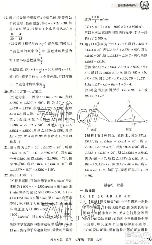 江西人民出版社2022王朝霞各地期末试卷精选七年级数学下册北师大版河南专版答案 江西人民出版社2022王朝霞各地期末试卷精选七年级数学下册北师大版河南专版答案