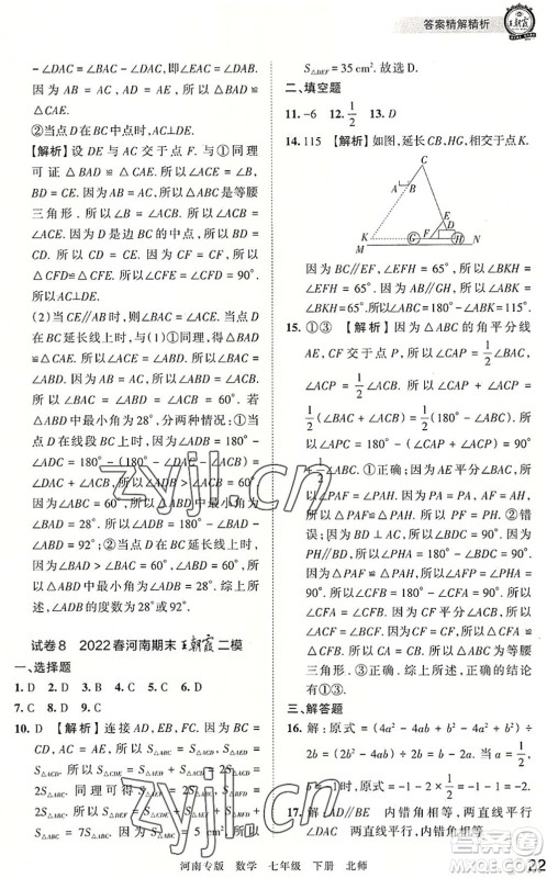 江西人民出版社2022王朝霞各地期末试卷精选七年级数学下册北师大版河南专版答案 江西人民出版社2022王朝霞各地期末试卷精选七年级数学下册北师大版河南专版答案