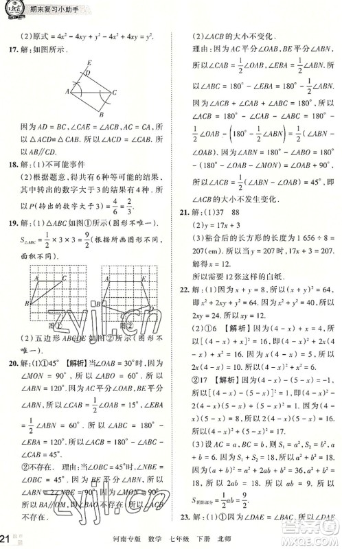 江西人民出版社2022王朝霞各地期末试卷精选七年级数学下册北师大版河南专版答案 江西人民出版社2022王朝霞各地期末试卷精选七年级数学下册北师大版河南专版答案