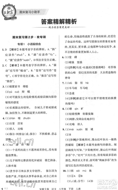 江西人民出版社2022王朝霞各地期末试卷精选八年级语文下册人教版安徽专版答案 江西人民出版社2022王朝霞各地期末试卷精选八年级语文下册人教版安徽专版答案