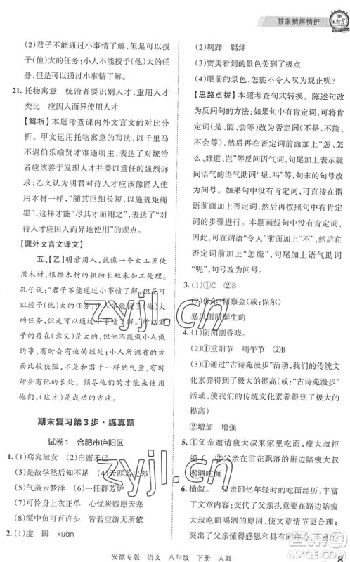 江西人民出版社2022王朝霞各地期末试卷精选八年级语文下册人教版安徽专版答案 江西人民出版社2022王朝霞各地期末试卷精选八年级语文下册人教版安徽专版答案
