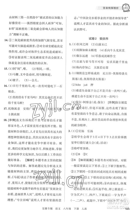 江西人民出版社2022王朝霞各地期末试卷精选八年级语文下册人教版安徽专版答案 江西人民出版社2022王朝霞各地期末试卷精选八年级语文下册人教版安徽专版答案