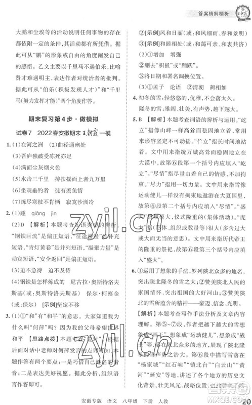 江西人民出版社2022王朝霞各地期末试卷精选八年级语文下册人教版安徽专版答案 江西人民出版社2022王朝霞各地期末试卷精选八年级语文下册人教版安徽专版答案