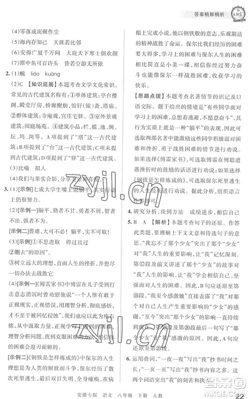 江西人民出版社2022王朝霞各地期末试卷精选八年级语文下册人教版安徽专版答案 江西人民出版社2022王朝霞各地期末试卷精选八年级语文下册人教版安徽专版答案