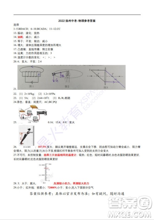 扬州市2022年初中毕业升学统一考试物理试题及答案