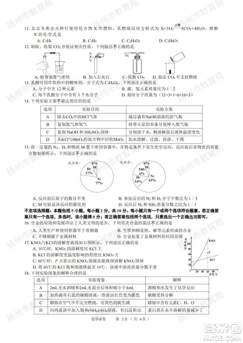 扬州市2022年初中毕业升学统一考试化学试题及答案