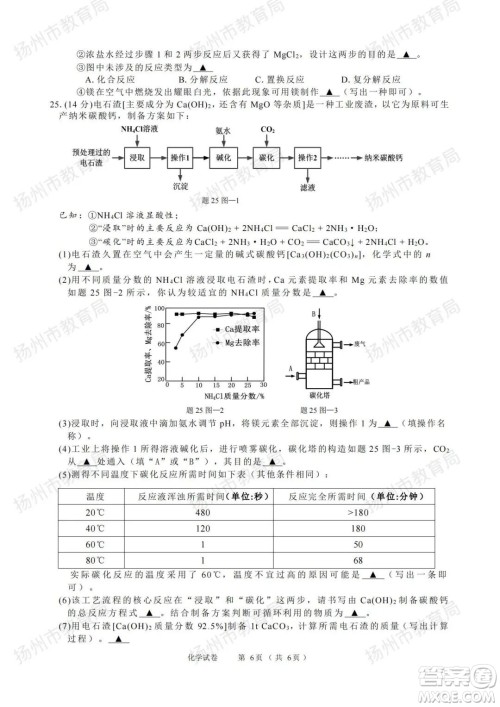 扬州市2022年初中毕业升学统一考试化学试题及答案