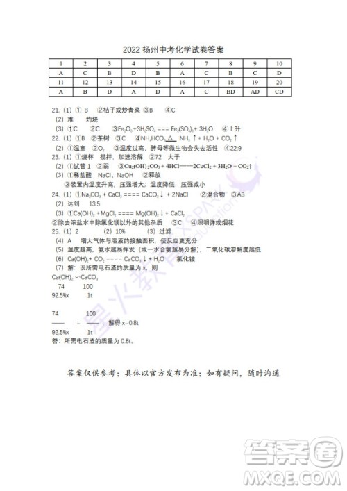 扬州市2022年初中毕业升学统一考试化学试题及答案