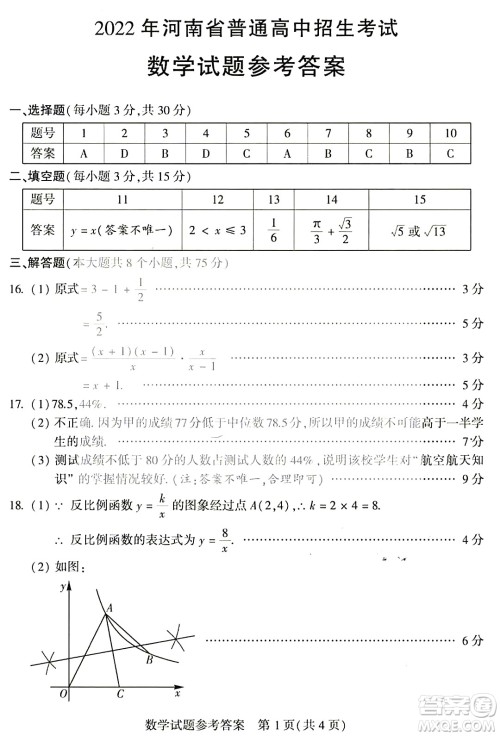 2022年河南省普通高中招生考试数学试题及答案