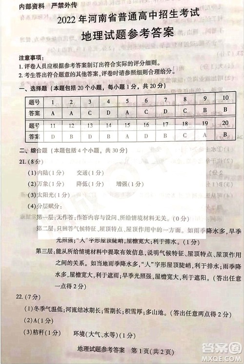 2022年河南省普通高中招生考试地理试题及答案