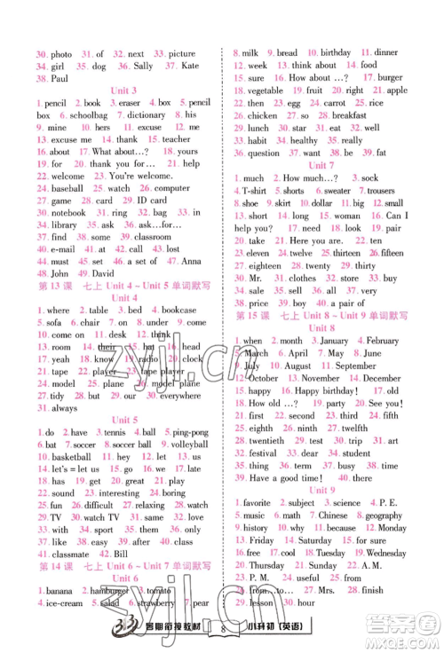 世界图书出版公司2022小升初暑期衔接教材英语人教版参考答案 世界图书出版公司2022小升初暑期衔接教材英语人教版参考答案