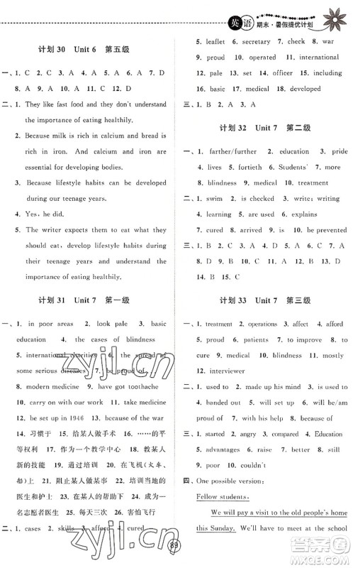 南京大学出版社2022期末暑假提优计划八年级英语YL译林版答案