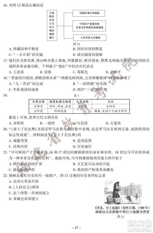 2022年福建省初中学业水平考试历史试卷及答案 2022年福建省初中学业水平考试历史试卷及答案